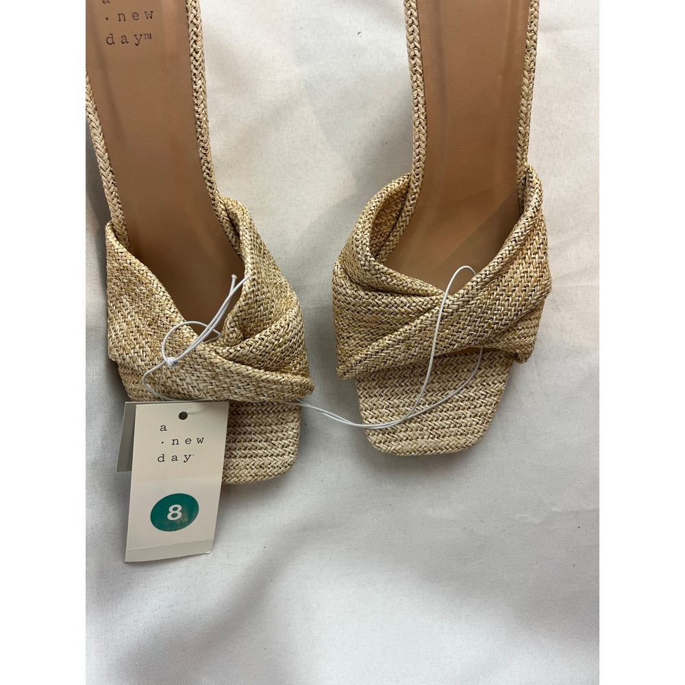 A New Day Woven Wedge Sandals Tan Raffia Knot Square Toe Mules Womens 8 NEW